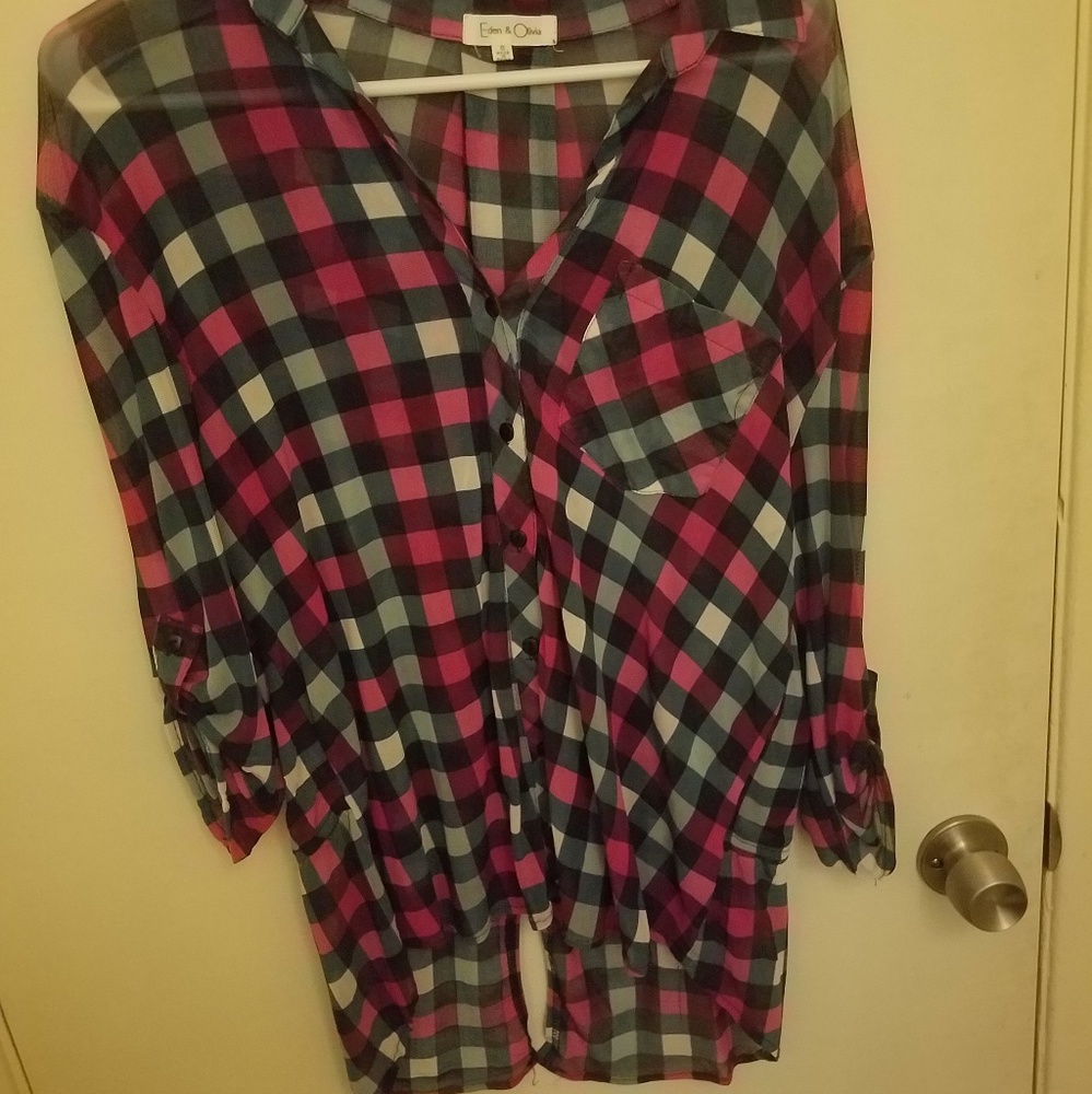 Eden & Olivia Sheer Plaid Button Up Blouse
